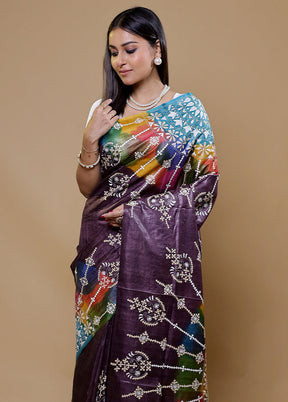 Purple Handloom Kantha Stitch Pure Silk Saree With Blouse Piece