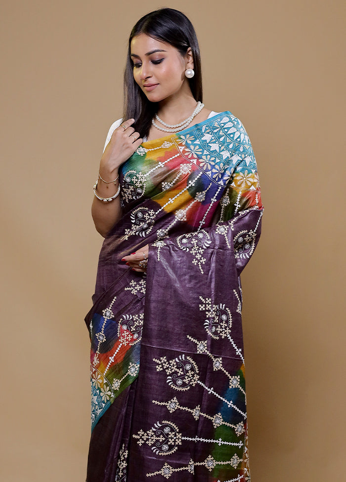 Purple Handloom Kantha Stitch Pure Silk Saree With Blouse Piece