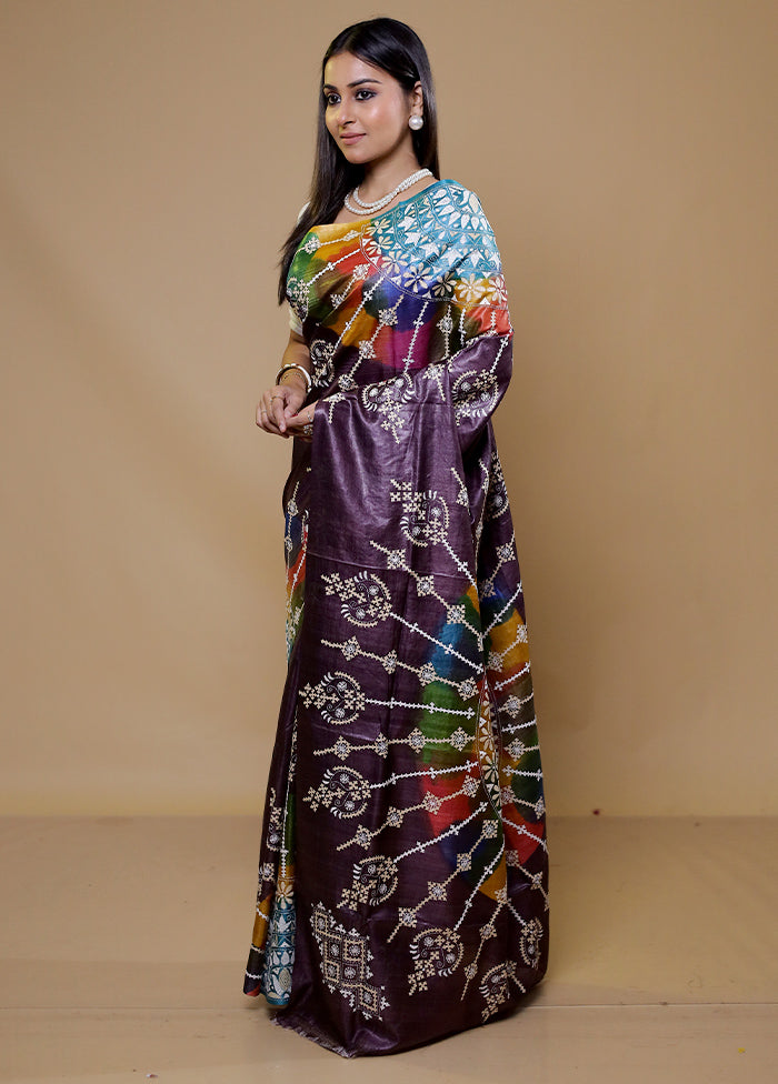 Purple Handloom Kantha Stitch Pure Silk Saree With Blouse Piece