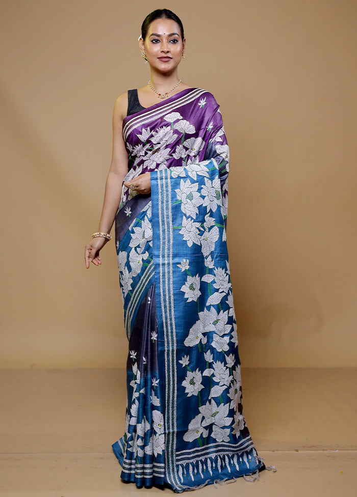 Purple Handloom Kantha Stitch Pure Silk Saree With Blouse Piece