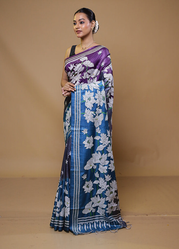 Purple Handloom Kantha Stitch Pure Silk Saree With Blouse Piece