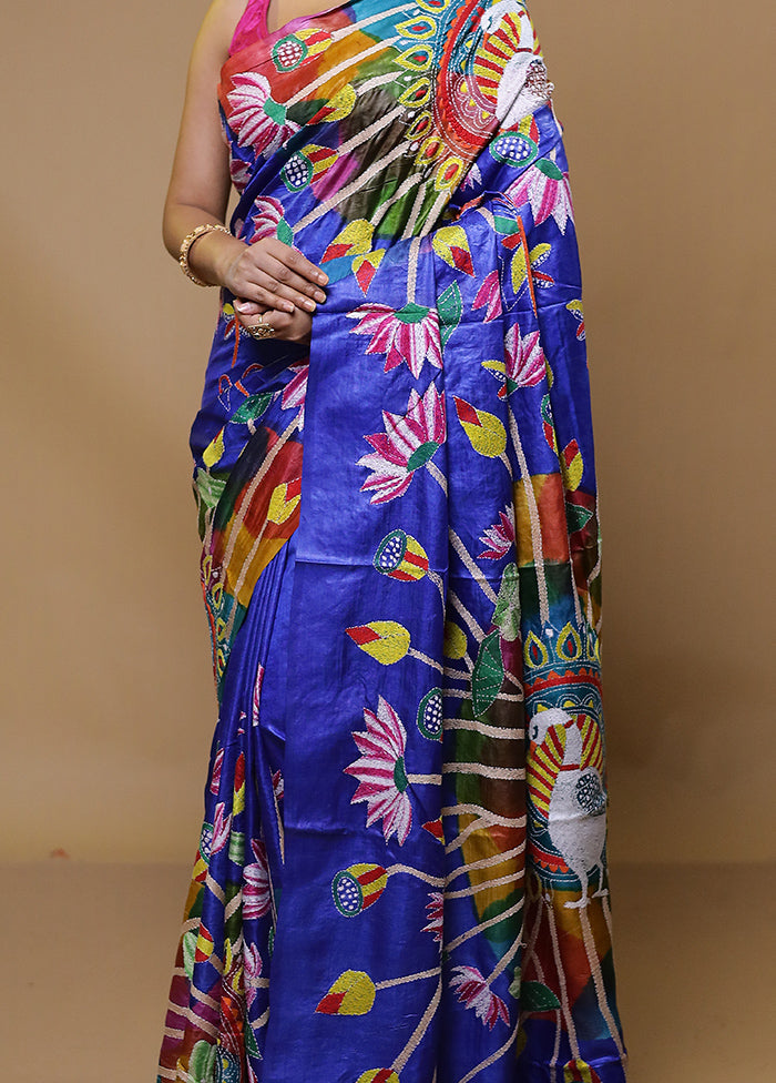 Multicolor Handloom Kantha Stitch Pure Silk Saree With Blouse Piece