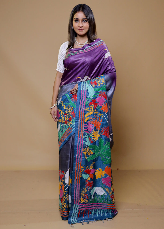 Purple Handloom Kantha Stitch Pure Silk Saree With Blouse Piece