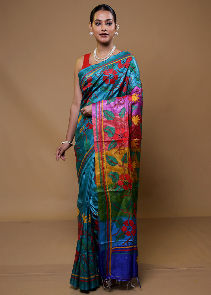 Blue Handloom Kantha Stitch Pure Silk Saree With Blouse Piece