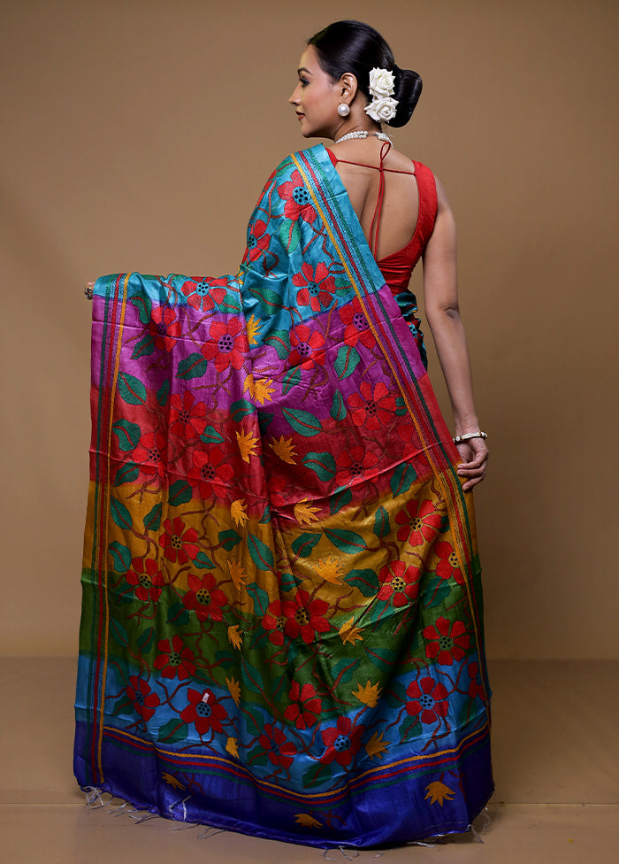 Blue Handloom Kantha Stitch Pure Silk Saree With Blouse Piece