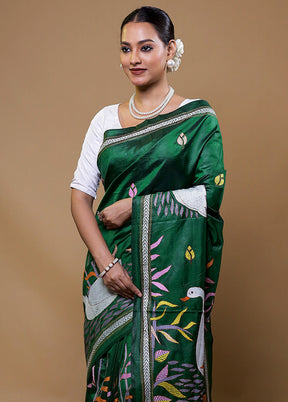 Green Handloom Kantha Stitch Pure Silk Saree With Blouse Piece