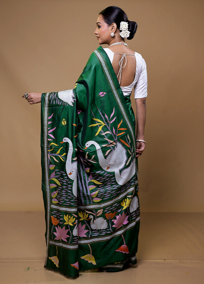 Green Handloom Kantha Stitch Pure Silk Saree With Blouse Piece