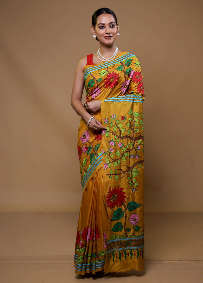 Yellow Handloom Kantha Stitch Pure Silk Saree With Blouse Piece