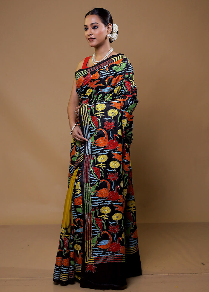 Black Handloom Kantha Stitch Pure Silk Saree With Blouse Piece