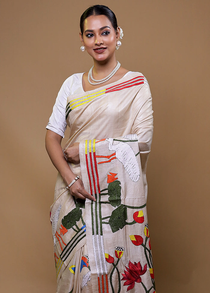 Cream Handloom Kantha Stitch Pure Silk Saree With Blouse Piece