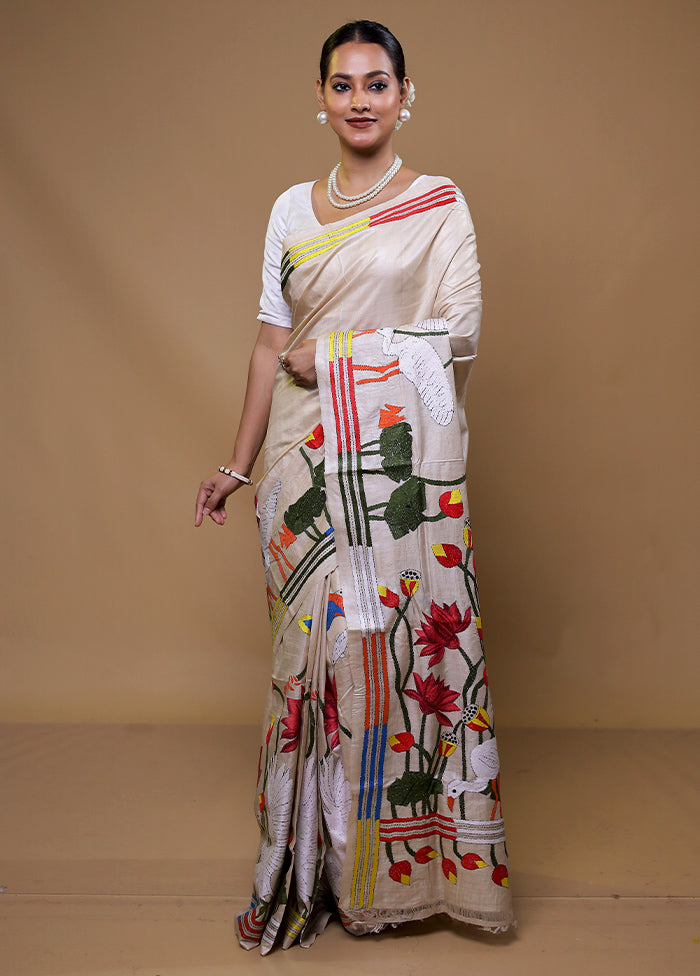 Cream Handloom Kantha Stitch Pure Silk Saree With Blouse Piece