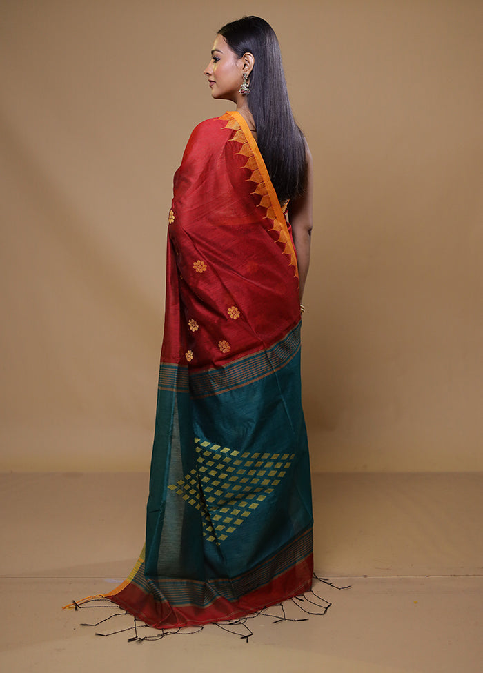 Red Khadi Cotton Saree With Blouse Piece