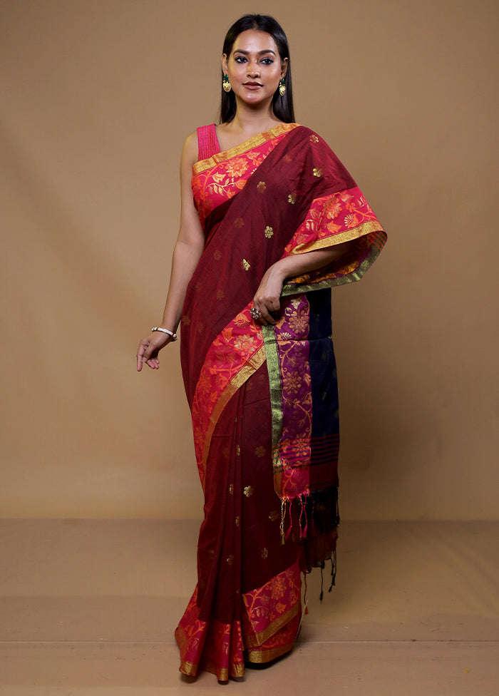 Maroon Khadi Cotton Saree With Blouse Piece