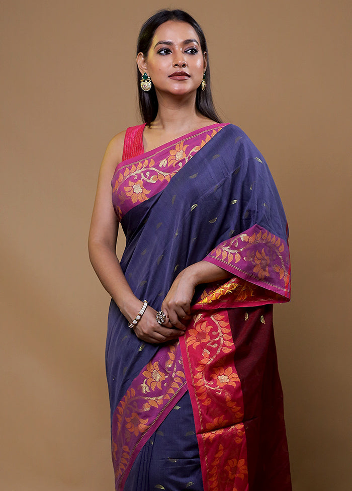 Blue Khadi Cotton Saree With Blouse Piece