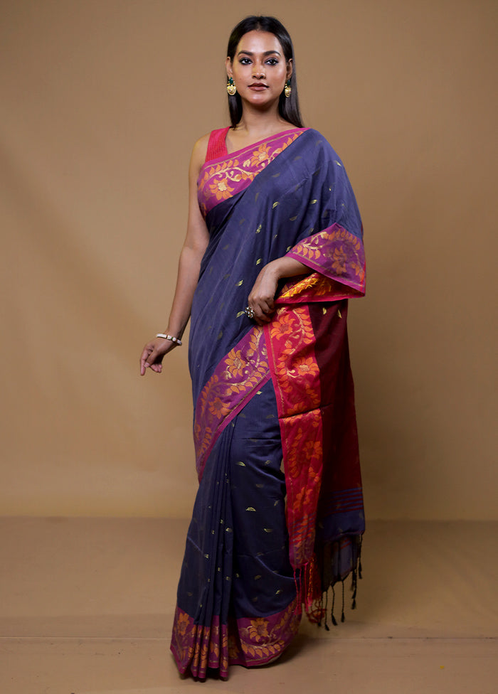 Blue Khadi Cotton Saree With Blouse Piece