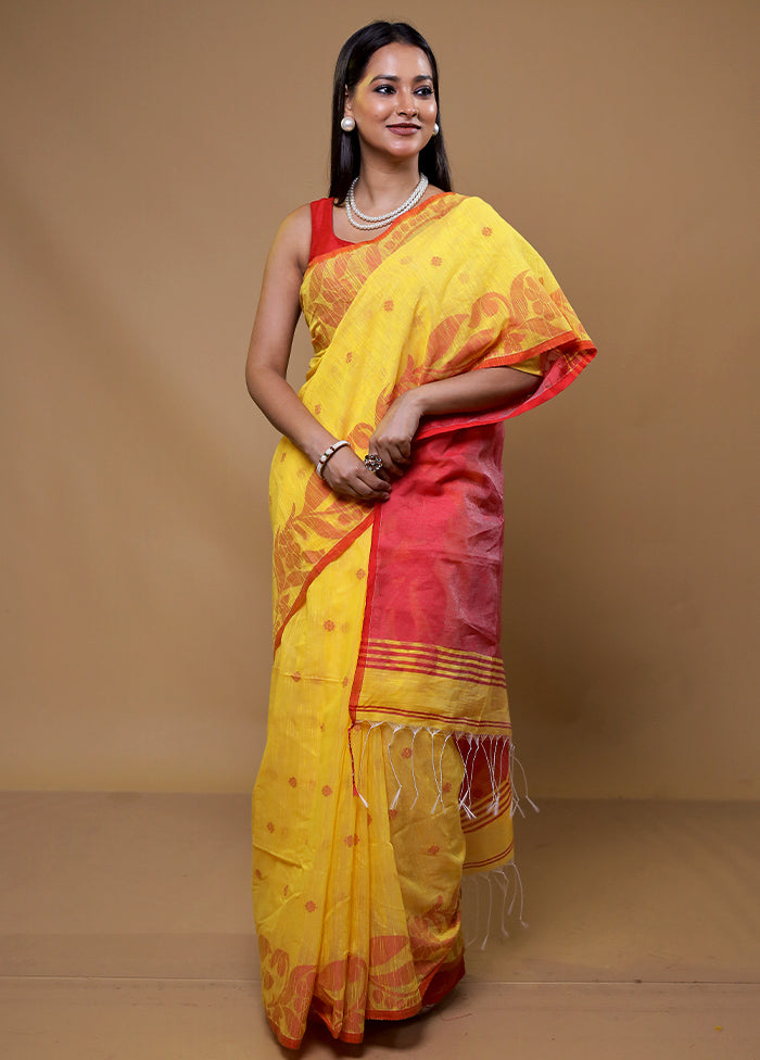 Yellow Khadi Cotton Saree With Blouse Piece