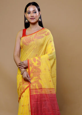 Yellow Khadi Cotton Saree With Blouse Piece