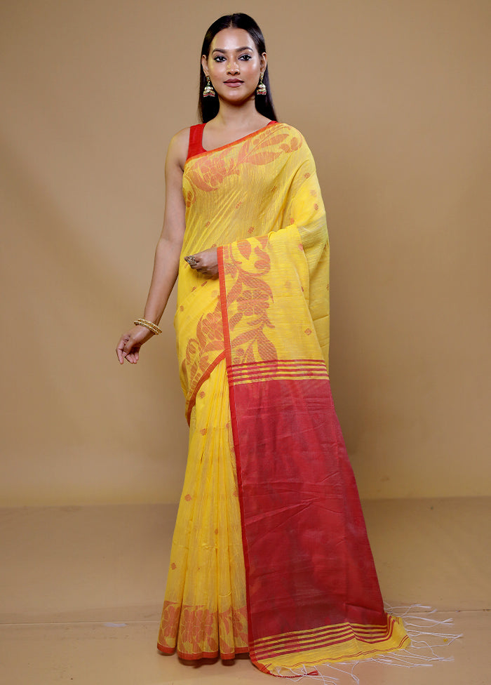 Yellow Khadi Cotton Saree With Blouse Piece