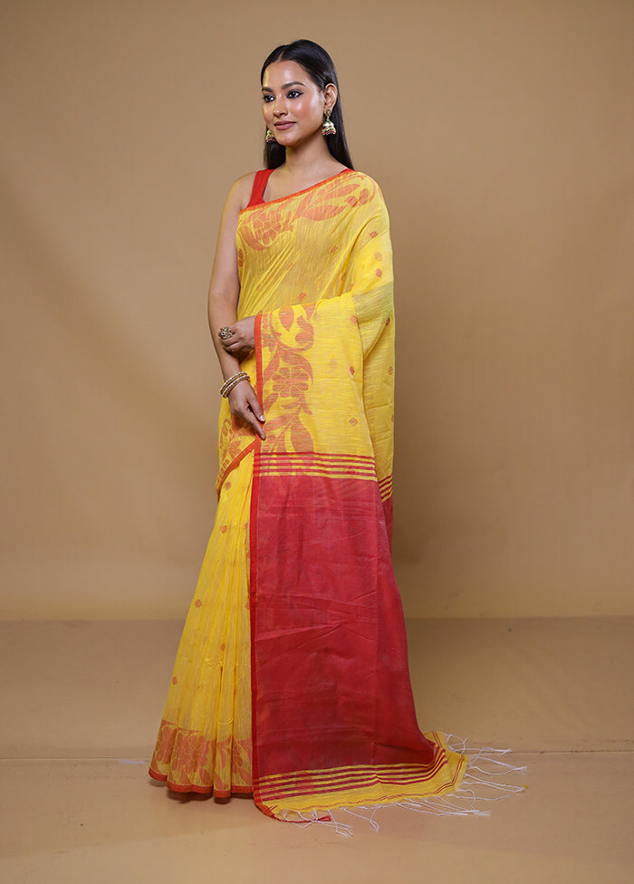 Yellow Khadi Cotton Saree With Blouse Piece