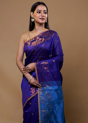 Blue Khadi Cotton Saree With Blouse Piece