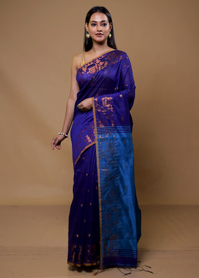 Blue Khadi Cotton Saree With Blouse Piece