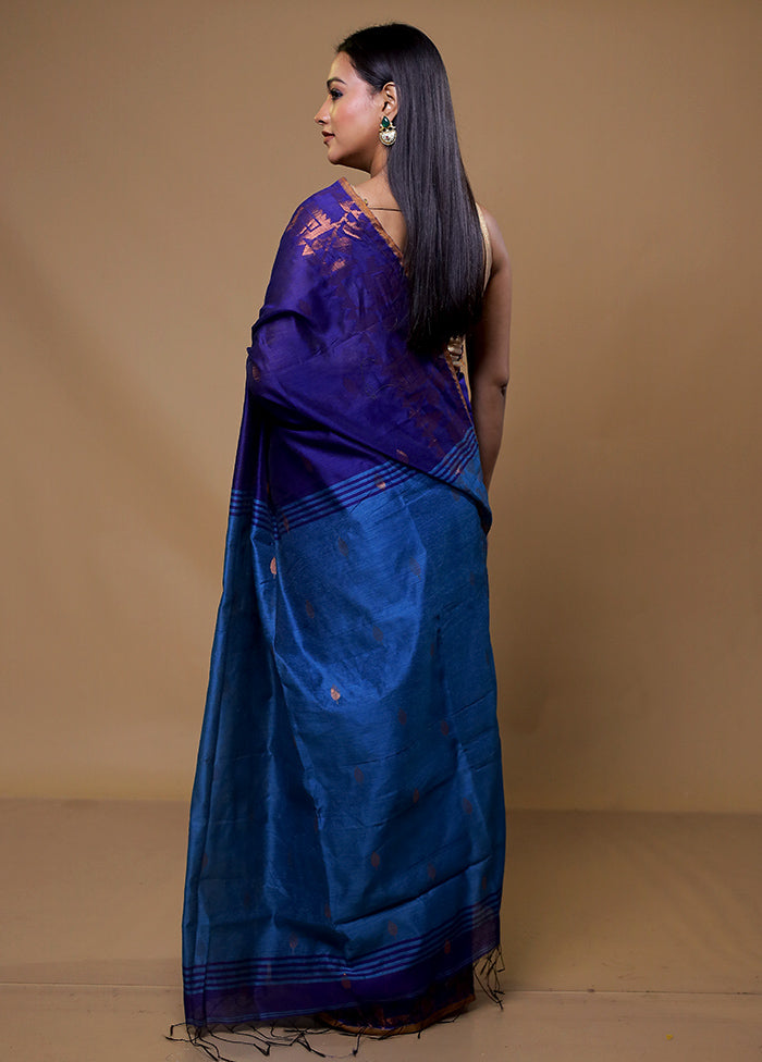 Blue Khadi Cotton Saree With Blouse Piece