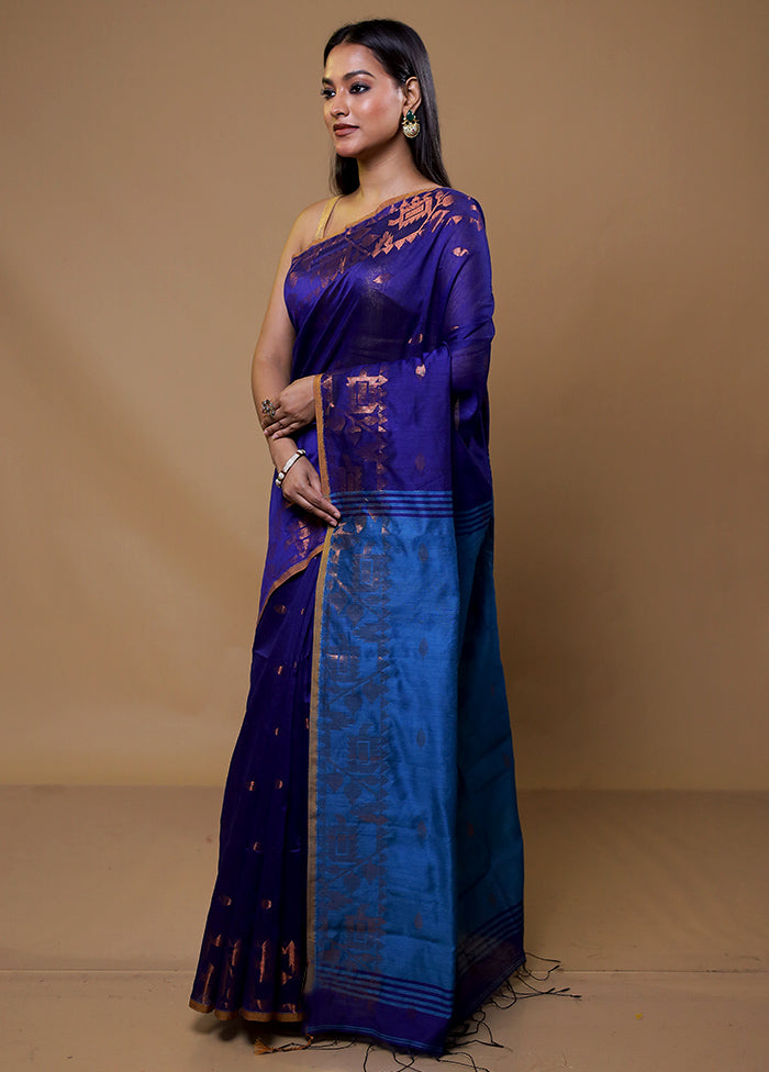 Blue Khadi Cotton Saree With Blouse Piece