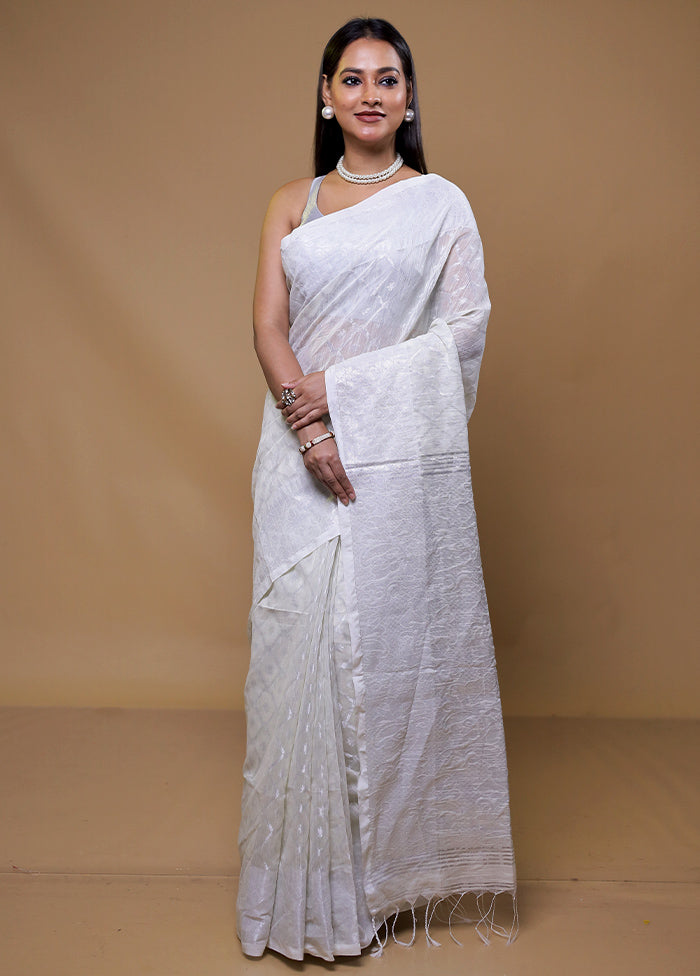 White Khadi Cotton Saree With Blouse Piece