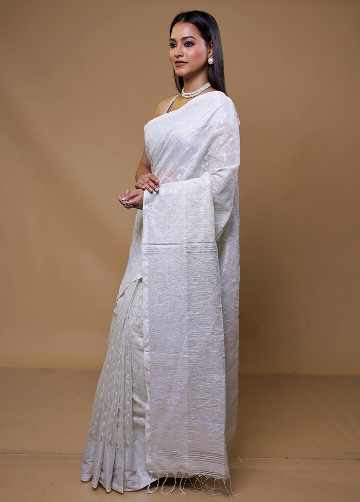 White Khadi Cotton Saree With Blouse Piece