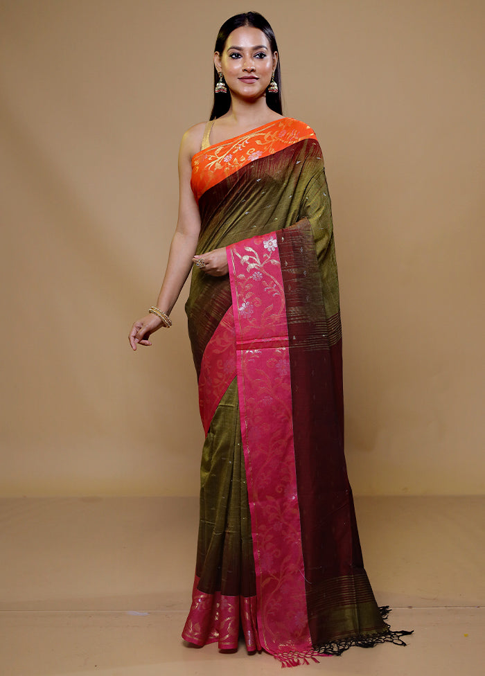 Green Khadi Cotton Saree With Blouse Piece