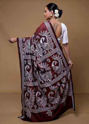 Maroon Kantha Stitch Silk Saree With Blouse Piece