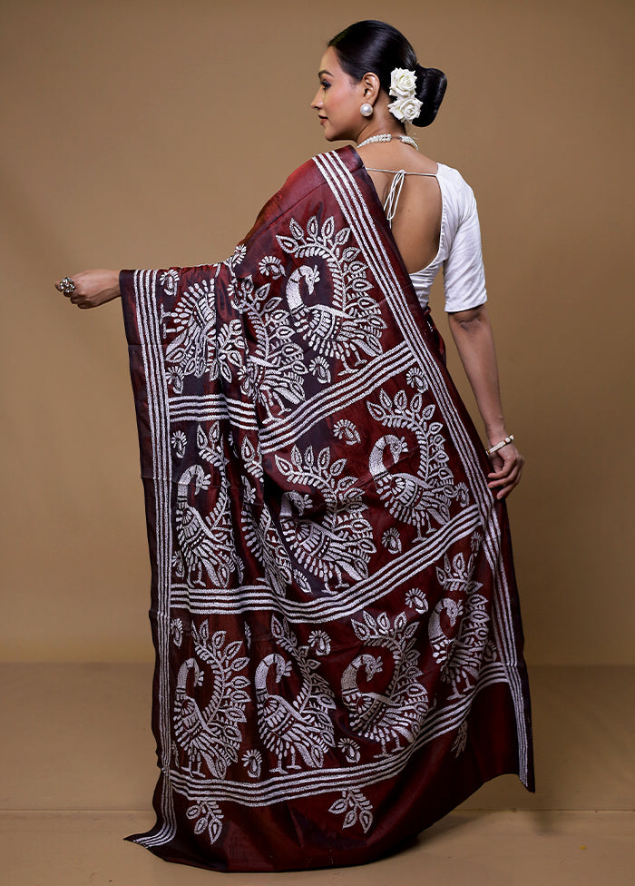 Maroon Kantha Stitch Silk Saree With Blouse Piece