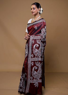 Maroon Kantha Stitch Silk Saree With Blouse Piece