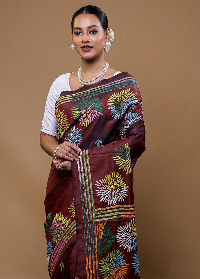 Maroon Kantha Stitch Silk Saree With Blouse Piece