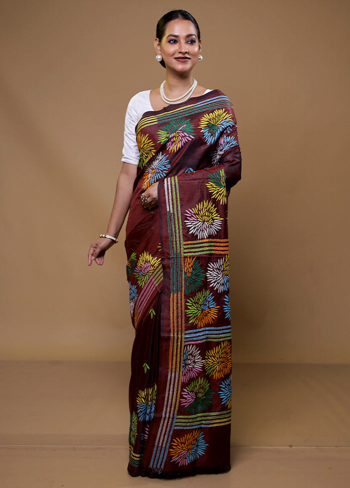 Maroon Kantha Stitch Silk Saree With Blouse Piece