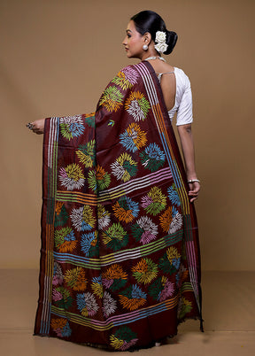 Maroon Kantha Stitch Silk Saree With Blouse Piece