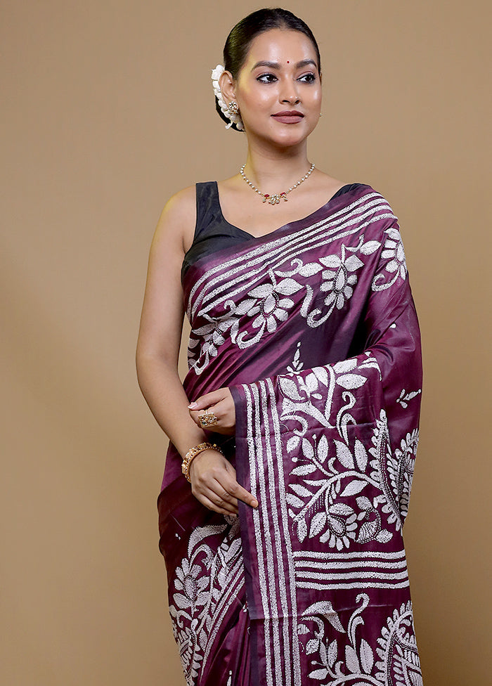 Purple Kantha Stitch Silk Saree With Blouse Piece