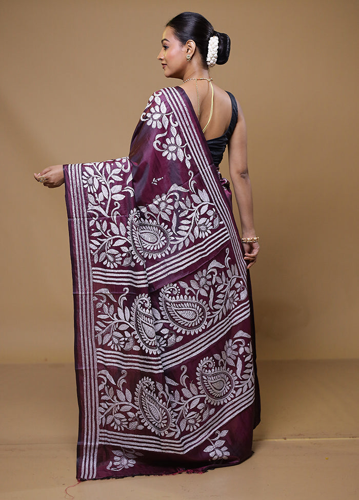 Purple Kantha Stitch Silk Saree With Blouse Piece