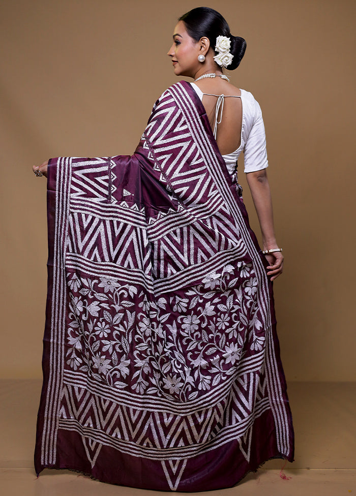 Purple Kantha Stitch Silk Saree With Blouse Piece