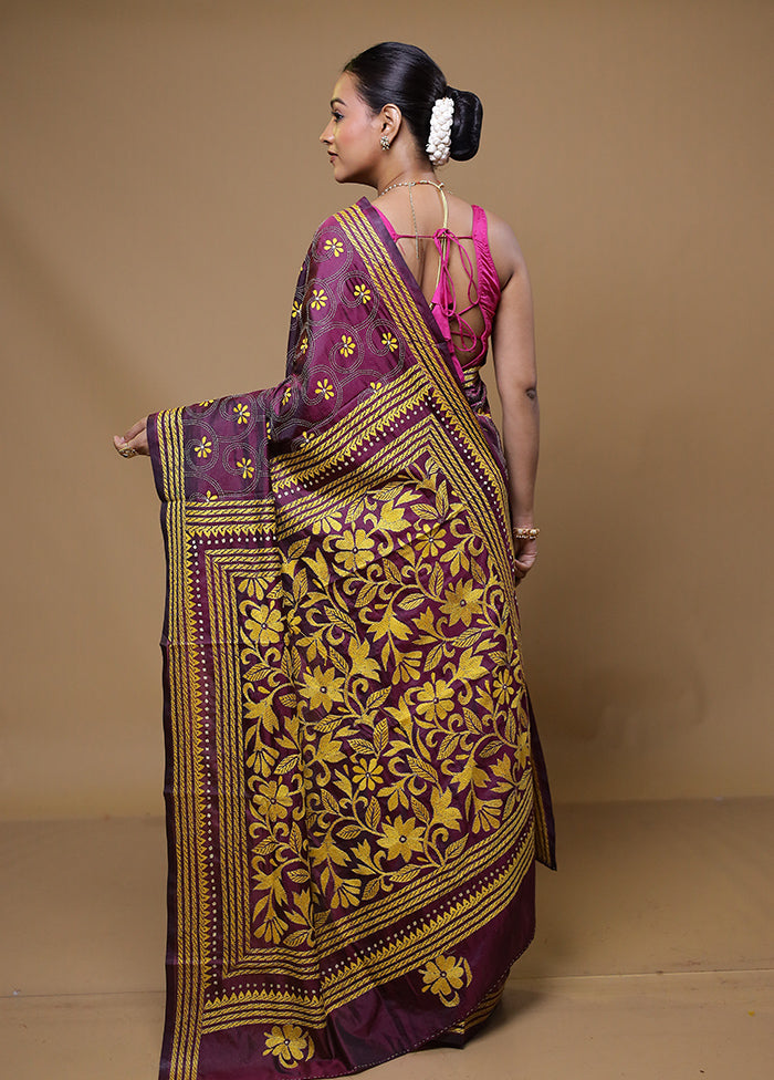 Purple Kantha Stitch Silk Saree With Blouse Piece