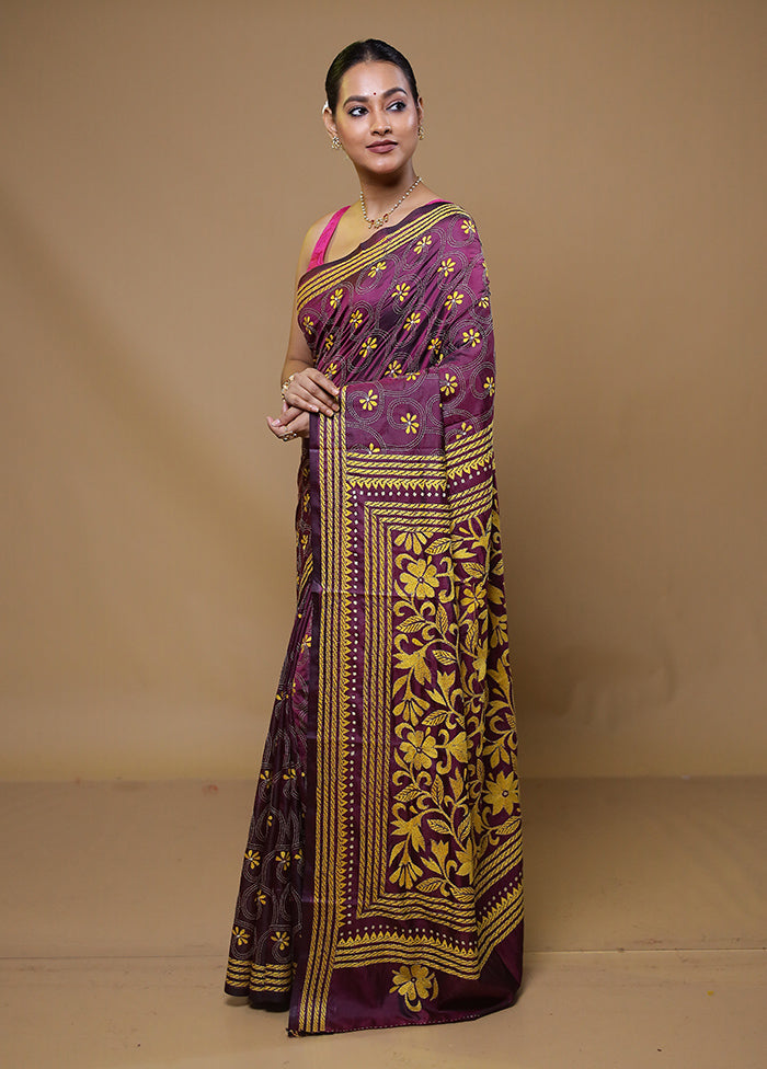 Purple Kantha Stitch Silk Saree With Blouse Piece