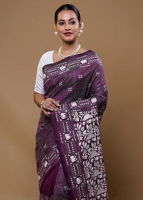 Purple Kantha Stitch Silk Saree With Blouse Piece