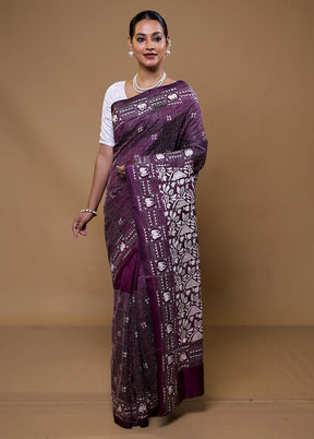 Purple Kantha Stitch Silk Saree With Blouse Piece