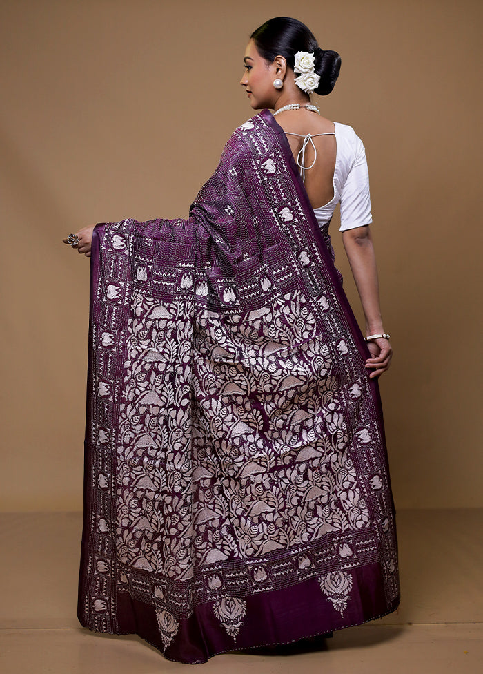 Purple Kantha Stitch Silk Saree With Blouse Piece