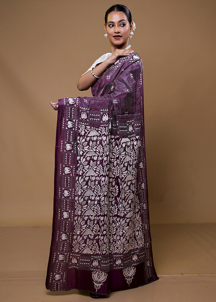 Purple Kantha Stitch Silk Saree With Blouse Piece