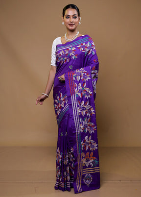 Purple Kantha Stitch Silk Saree With Blouse Piece