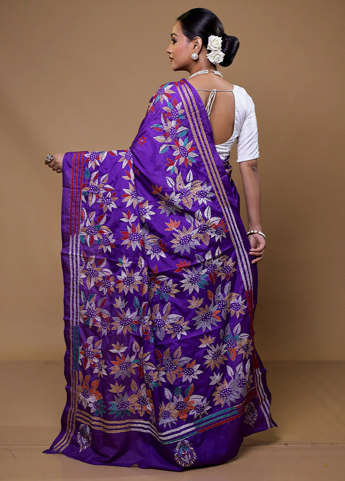 Purple Kantha Stitch Silk Saree With Blouse Piece