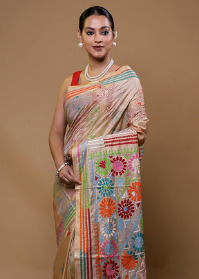 Cream Kantha Stitch Silk Saree With Blouse Piece