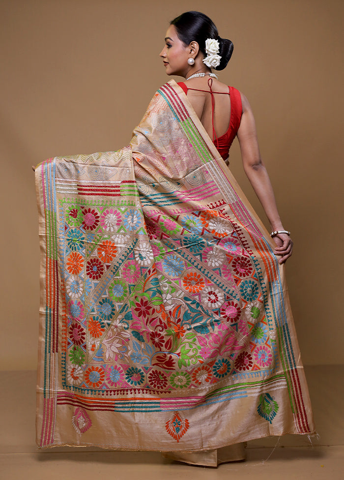 Cream Kantha Stitch Silk Saree With Blouse Piece