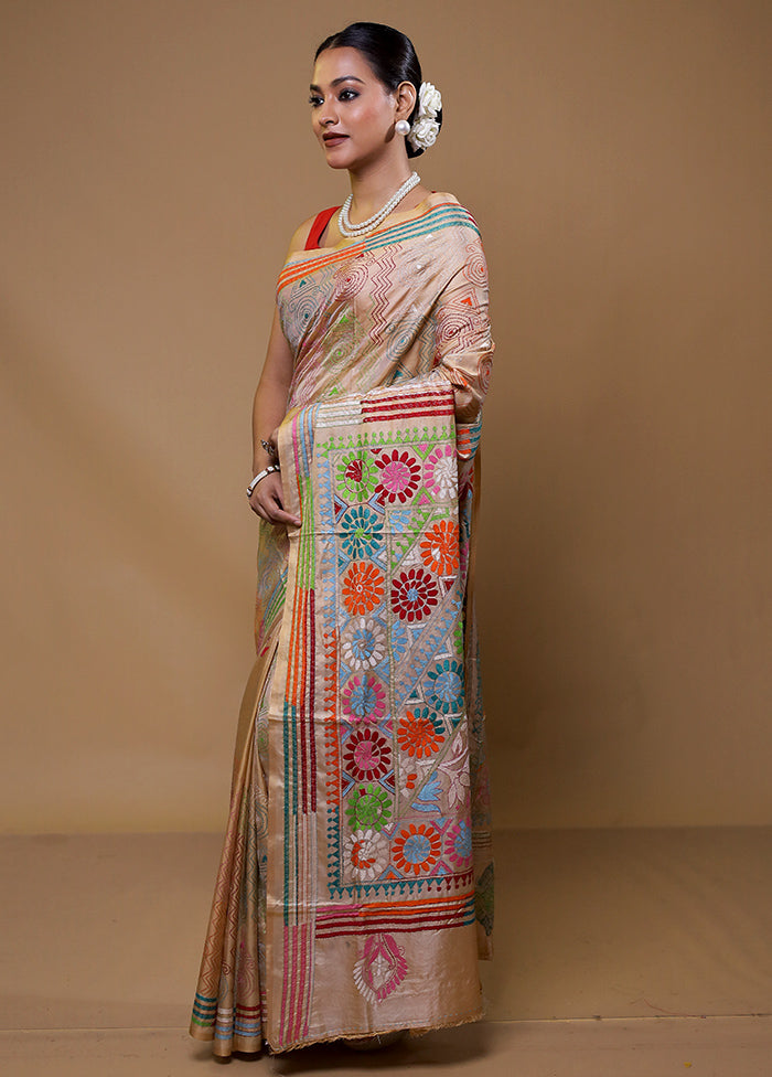 Cream Kantha Stitch Silk Saree With Blouse Piece